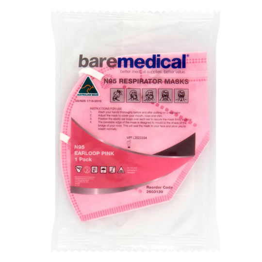 N95 MASK VERTICAL FLAT FOLD RETAIL INDIVIDUAL PACK PINK “AUS MADE” BAREMEDICAL