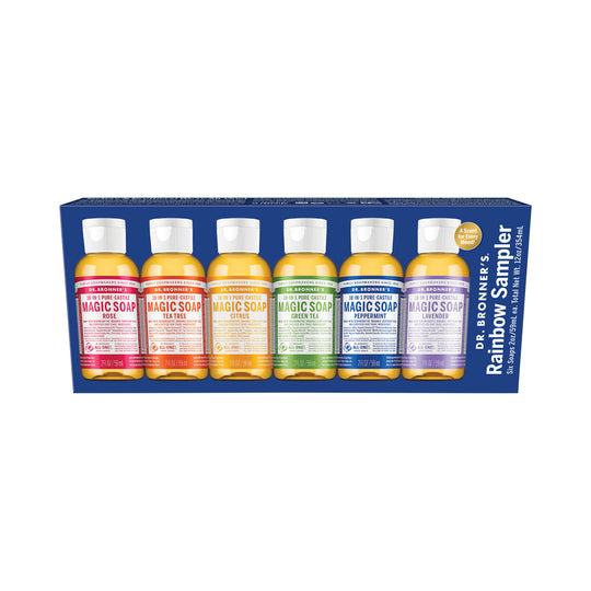 Dr. Bronners Pure-Castile Soap Liquid (Hemp 18-in-1) Rainbow Sampler 59ml x 6 Pack