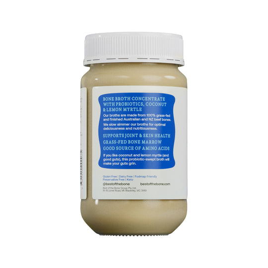 Best of the Bone Bone Broth Beef Concentrate Probiotic Bio-Fermented Coconut Lemon Myrtle Turmeric Papaya Leaf 390g