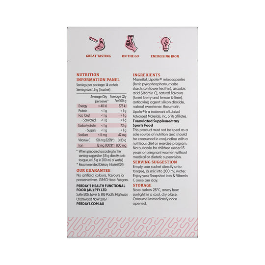 SNAP SHOT IRON & VITAMIN C COSMOSPOLITAN FLAVOURED SACHET 1.5G X 14 PACK