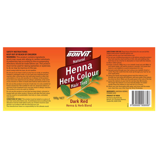 Bonvit Natural Hair Tint Henna Herb Colour (Henna & Herb Blend) Dark Red 100g