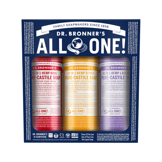 Dr. Bronners Pure-Castile Soap Liquid (Hemp 18-in-1) Carnival 3 x 237ml Pack (contains: Rose Citrus & Lavender)
