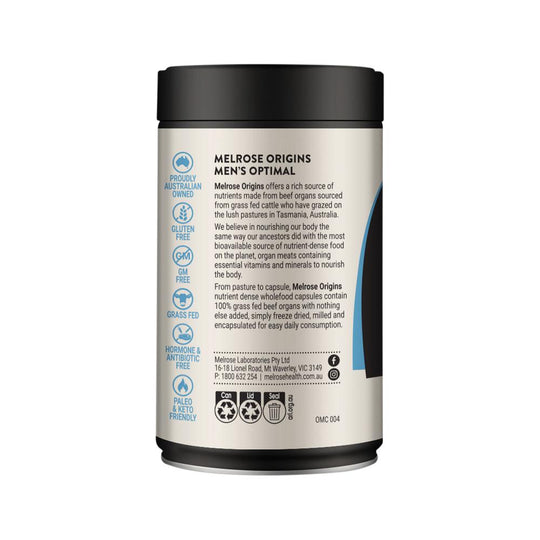 Melrose Origins Mens Optimal (Grass Fed Beef Organs 1000mg: Liver + Testicles + Heart) 120c