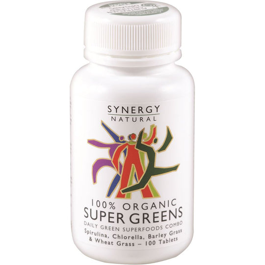 Synergy Natural Organic Super Greens (Spirulina Chlorella Barley Grass & Wheat Grass) 100t