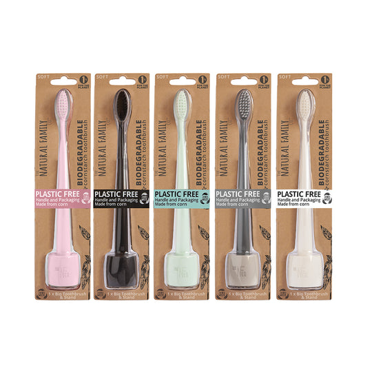 The Natural Family Co. Bio Toothbrush Pastel with Stand Mixed x 8 Display (contains: Up To 5 Different Pastel Colours - Supplied at Random)