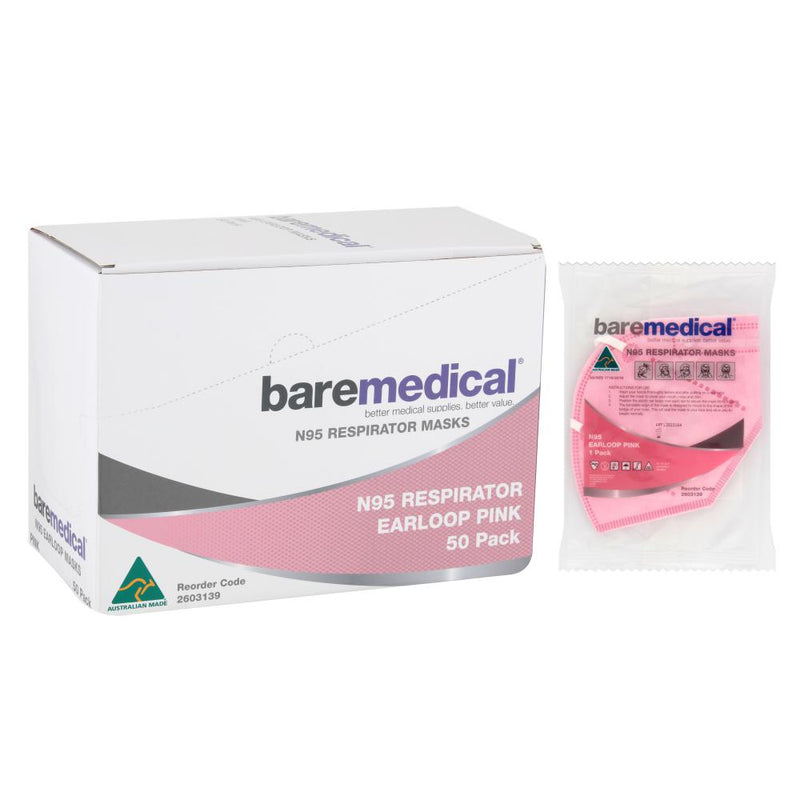 N95 MASK VERTICAL FLAT FOLD RETAIL INDIVIDUAL PACK PINK “AUS MADE” BAREMEDICAL