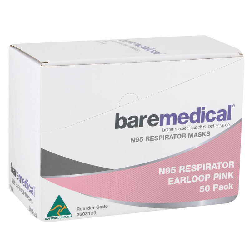 N95 MASK VERTICAL FLAT FOLD RETAIL INDIVIDUAL PACK PINK “AUS MADE” BAREMEDICAL