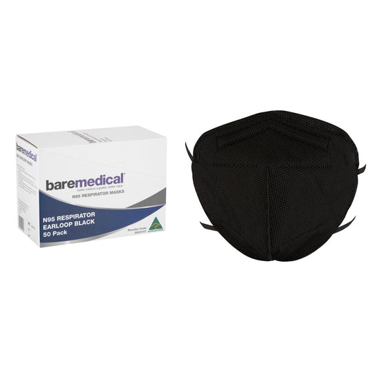 N95 MASK VERTICAL FLAT FOLD RETAIL INDIVIDUAL PACK BLACK “AUS MADE” BAREMEDICAL