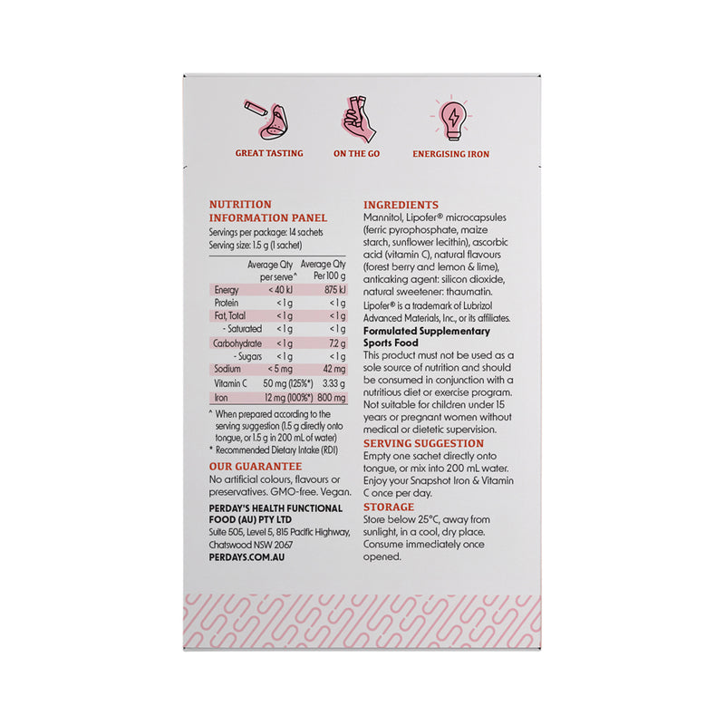 SNAP SHOT IRON & VITAMIN C COSMOSPOLITAN FLAVOURED SACHET 1.5G X 14 PACK