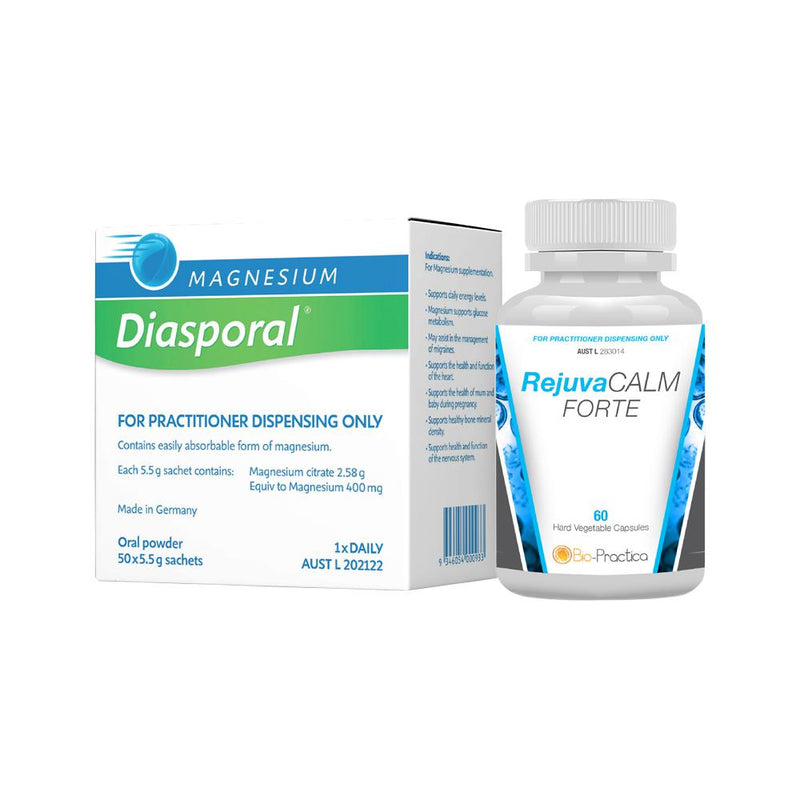 BIOPRACTICA CALM COMBO PACK (CONTAINS: MAGNESIUM DIASPORAL 5.5G X 50 SACHETS + REJUVACALM FORTE 60VC)