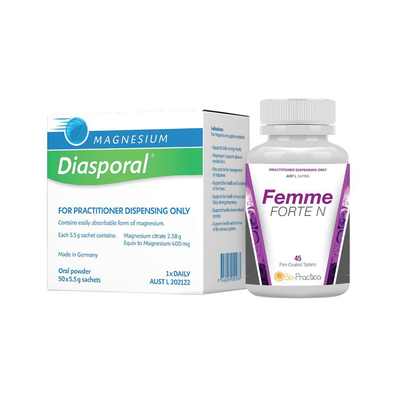 BIOPRACTICA FEMALE COMBO PACK (CONTAINS: MAGNESIUM DIASPORAL 5.5G X 20 SACHETS + FEMME FORTE N 45T)