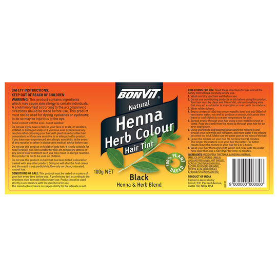 Bonvit Natural Hair Tint Henna Herb Colour (Henna & Herb Blend) Black 100g