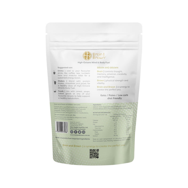 Brain and Brawn Vegan Keto MCT Oil Powder (with Prebiotic Fibre) Unflavoured 300g