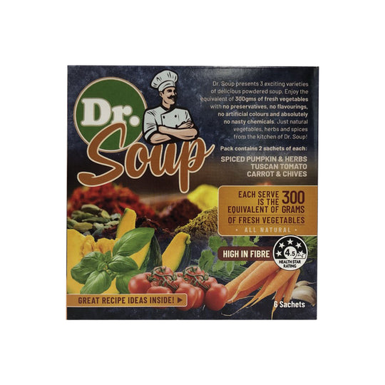 Cell-Logic Dr. Soup Mixed Sachets (3 Flavours) 30g x 6 Pack (contains: 2 each of Spiced Pumpkin & Herbs Tuscan Tomato and Carrot & Chives)