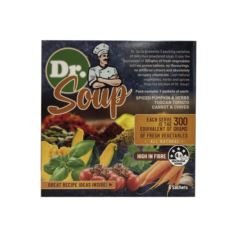 Cell-Logic Dr. Soup Mixed Sachets (3 Flavours) 30g x 6 Pack (contains: 2 each of Spiced Pumpkin & Herbs Tuscan Tomato and Carrot & Chives)