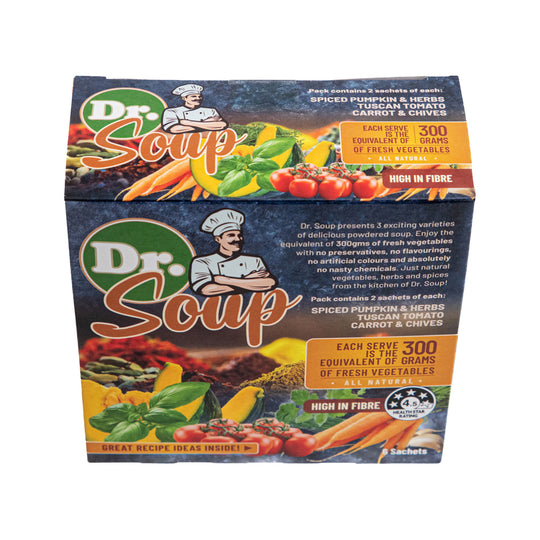 Cell-Logic Dr. Soup Mixed Sachets (3 Flavours) 30g x 6 Pack (contains: 2 each of Spiced Pumpkin & Herbs Tuscan Tomato and Carrot & Chives)
