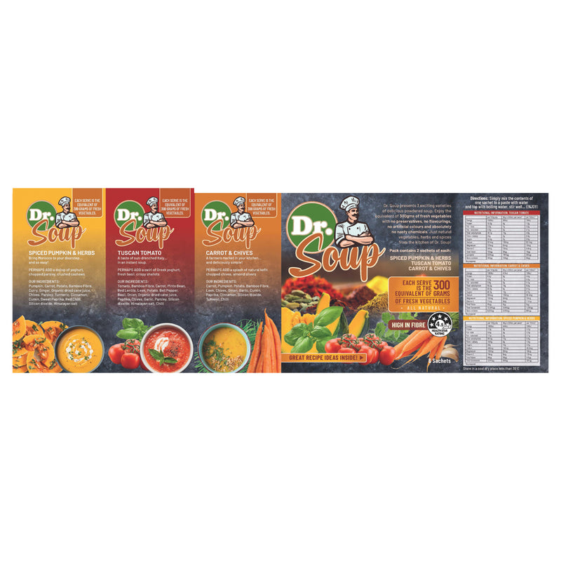 Cell-Logic Dr. Soup Mixed Sachets (3 Flavours) 30g x 6 Pack (contains: 2 each of Spiced Pumpkin & Herbs Tuscan Tomato and Carrot & Chives)