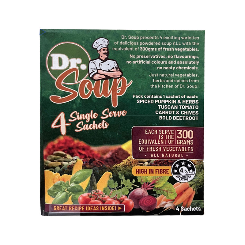 Cell-Logic Dr. Soup Mixed Sachets (4 Flavours) 30g x 4 Pack (contains: 1 each of Spiced Pumpkin & Herbs Tuscan Tomato Carrot & Chives and Bold Beetroot)