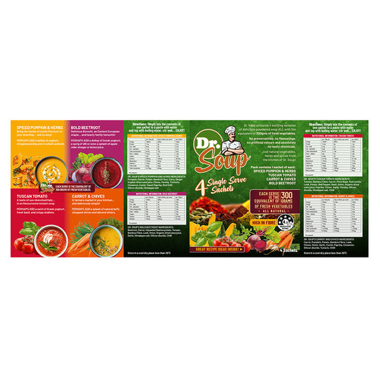 Cell-Logic Dr. Soup Mixed Sachets (4 Flavours) 30g x 4 Pack (contains: 1 each of Spiced Pumpkin & Herbs Tuscan Tomato Carrot & Chives and Bold Beetroot)