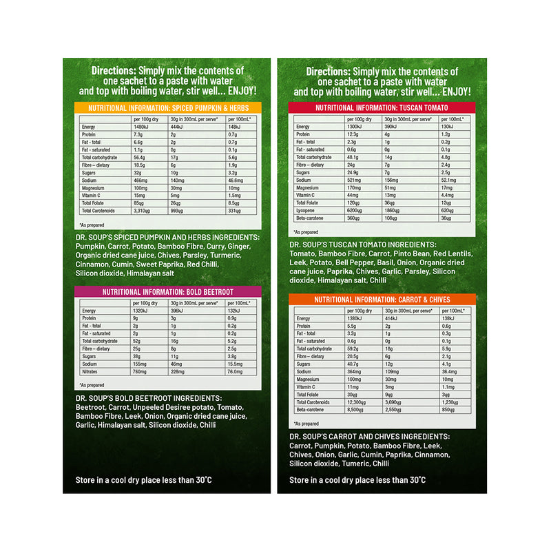 Cell-Logic Dr. Soup Mixed Sachets (4 Flavours) 30g x 4 Pack (contains: 1 each of Spiced Pumpkin & Herbs Tuscan Tomato Carrot & Chives and Bold Beetroot)