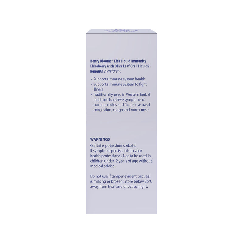 Henry Blooms Kids Liquid Immunity Elderberry with Olive Leaf Blackcurrant 100ml
