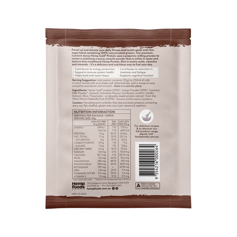 Hemp Foods Australia Organic Hemp Protein Shake Chocolate Sachet 35g x 7 Display