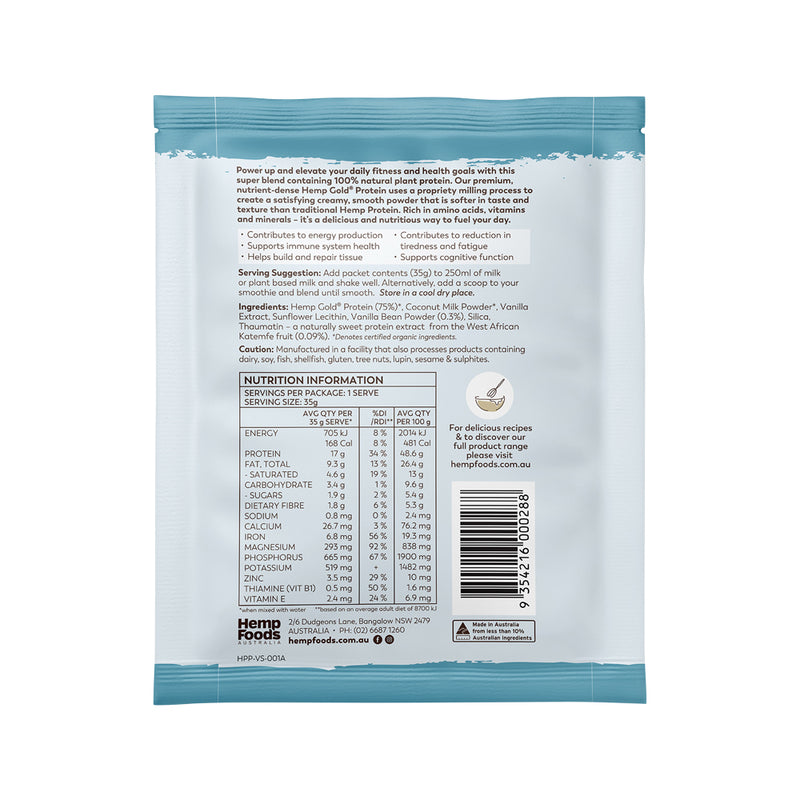 Hemp Foods Australia Organic Hemp Protein Shake Vanilla Bean Sachet 35g x 7 Display