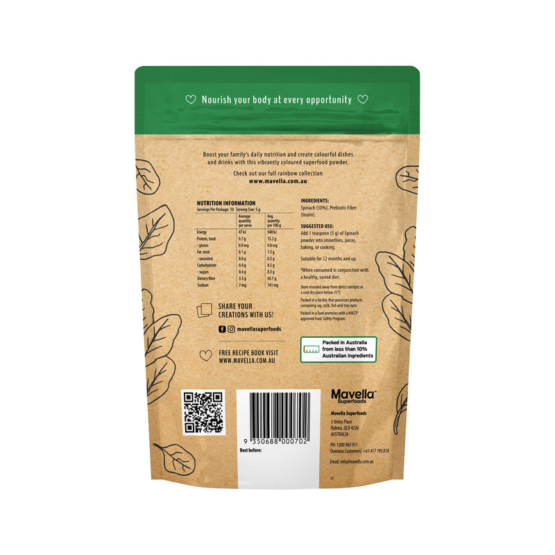 Mavella Superfoods Spinach + Prebiotic Fibre Powder 50g