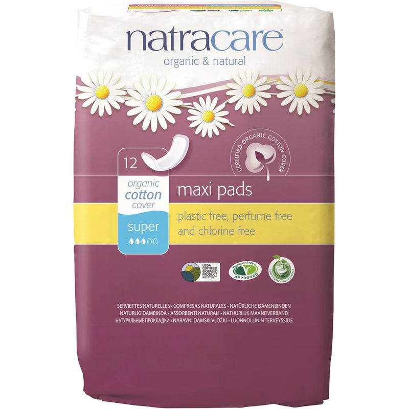Natracare Maxi Pads Super with Organic Cotton Cover x 12 Pack  SELL THROUGH