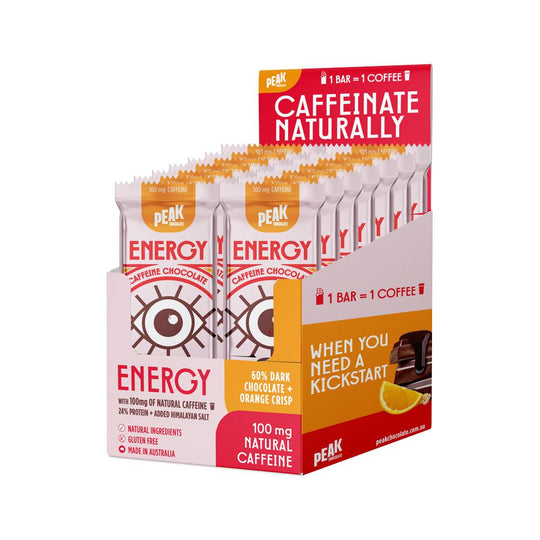 PEAK CHOCOLATE CAFFEINE CHOCOLATE BAR ENERGY ORANGE CRUNCH 25G X 14 DISPLAY