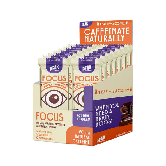 PEAK CHOCOLATE CAFFEINE CHOCOLATE BAR FOCUS DARK 25G X 14 DISPLAY