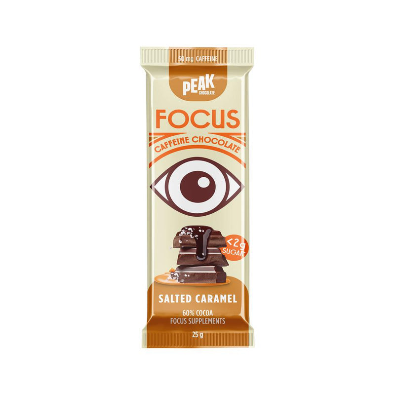 PEAK CHOCOLATE CAFFEINE CHOCOLATE BAR FOCUS SALTED CARAMEL 25G X 14 DISPLAY