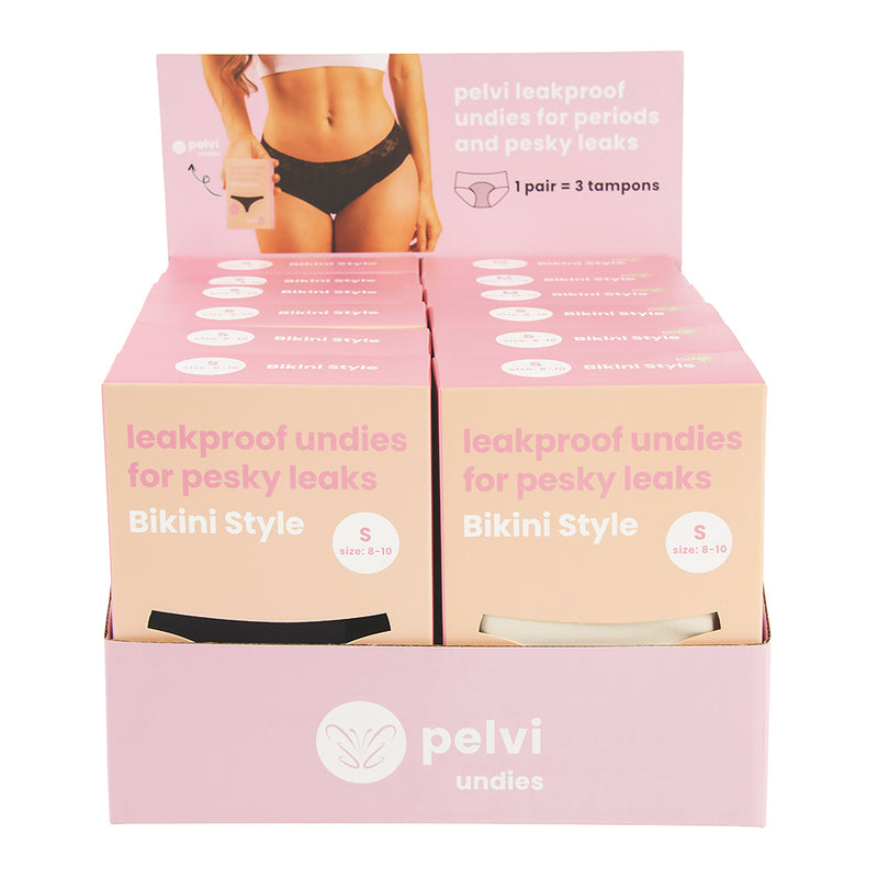 Pelvi Underwear Leakproof Bikini Black Beige Mixed Sizes x 12 Display (contains: 1 of each size in Black & Beige)  SELL THROUGH