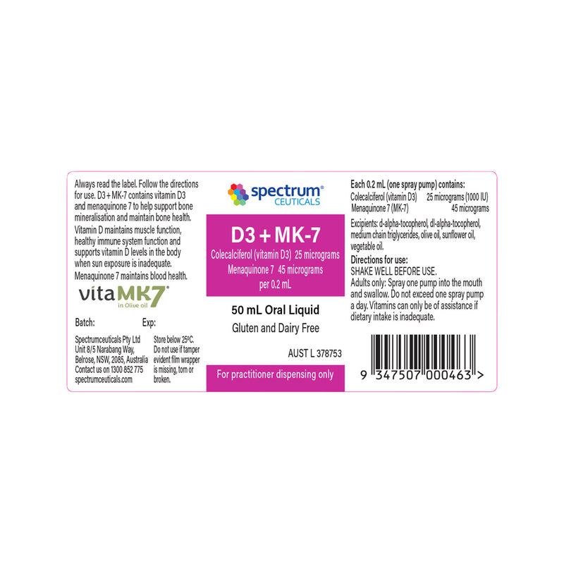 Spectrumceuticals D3 + MK-7 Spray Oral Liquid 50ml