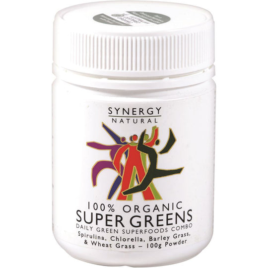 Synergy Natural Organic Super Greens (Spirulina Chlorella Barley Grass & Wheat Grass) Powder 100g
