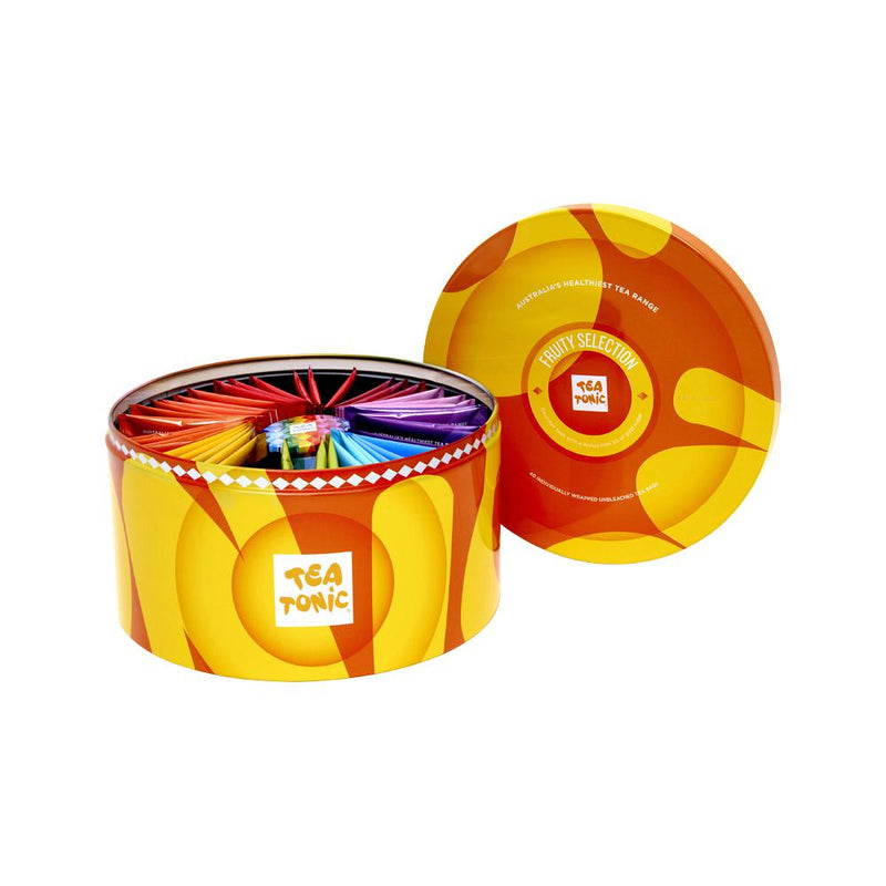 TEA TONIC FRUITY SELECTION ROUND TIN X 40 TEA BAGS (CONTAINS BONUS MINI TIN OF GOLD SUGAR)