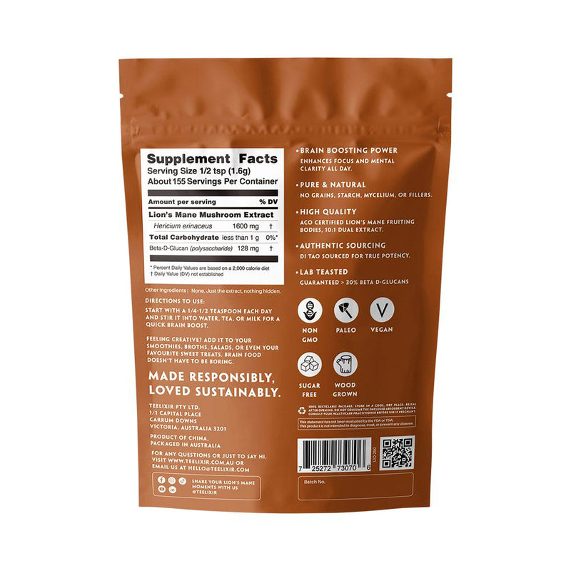 TEELIXIR ORGANIC LIONS MANE MUSHROOM 250G