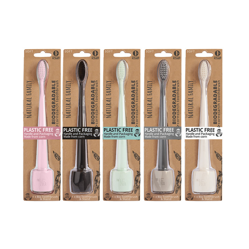 The Natural Family Co. Bio Toothbrush Pastel with Stand Mixed x 8 Display (contains: Up To 5 Different Pastel Colours - Supplied at Random)