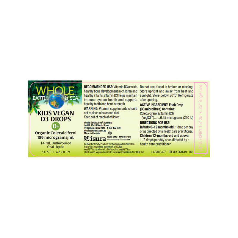 Whole Earth & Sea Kids Vegan D3 Drops Unflavoured Oral Liquid 14ml
